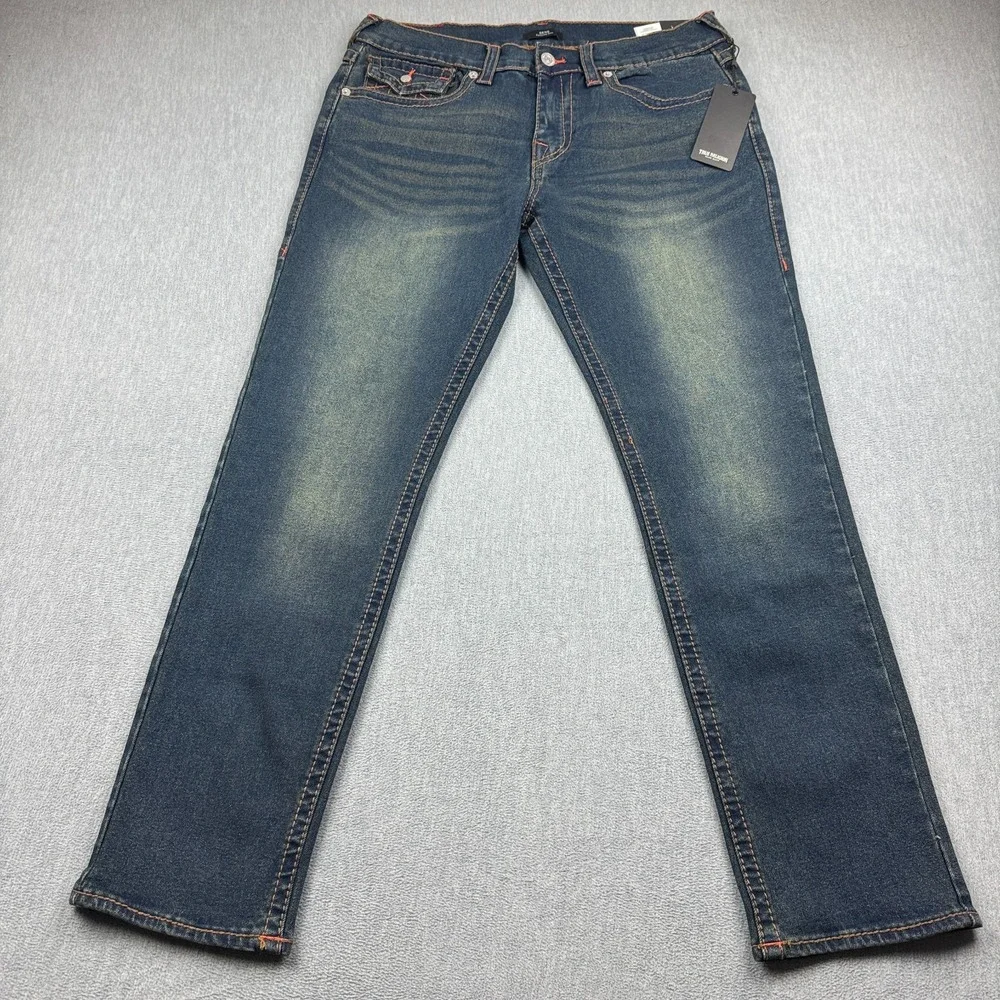 True Religion Jeans Mens 34X33 Blue Geno Big T Flap Pocket Slim Stretch Pant NWT